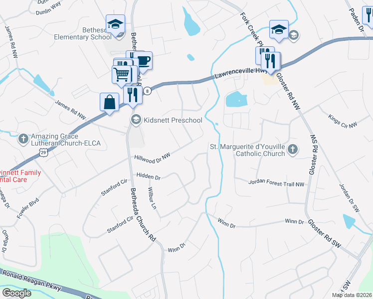 map of restaurants, bars, coffee shops, grocery stores, and more near 2964 Hillwood Drive Northwest in Lawrenceville
