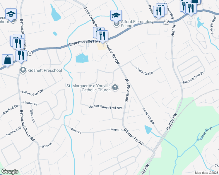 map of restaurants, bars, coffee shops, grocery stores, and more near 2788 Rosemont Drive Northwest in Lawrenceville