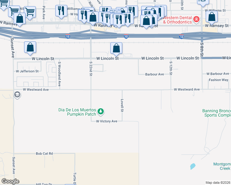 map of restaurants, bars, coffee shops, grocery stores, and more near 1910 West Westward Avenue in Banning