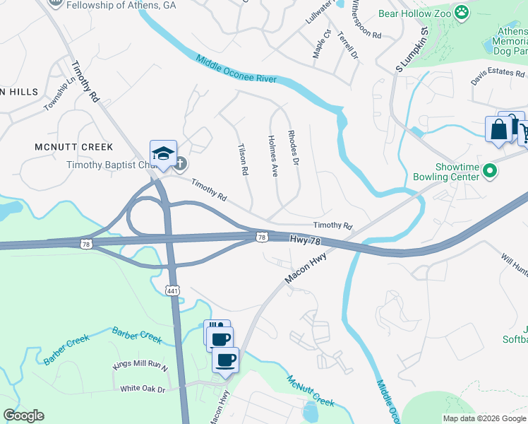 map of restaurants, bars, coffee shops, grocery stores, and more near 220 Timothy Road in Athens