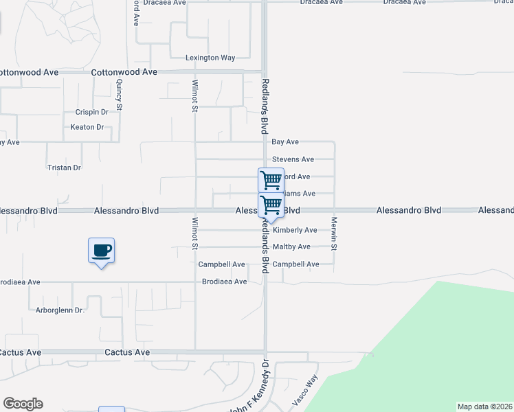map of restaurants, bars, coffee shops, grocery stores, and more near 28949 Williams Avenue in Moreno Valley