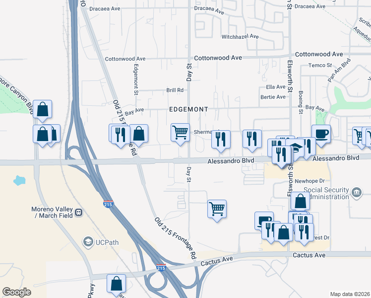 map of restaurants, bars, coffee shops, grocery stores, and more near 13927 Day Street in Moreno Valley