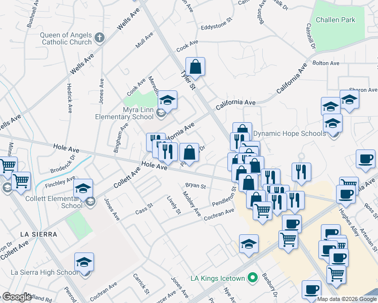 map of restaurants, bars, coffee shops, grocery stores, and more near 4304 Baggett Drive in Riverside
