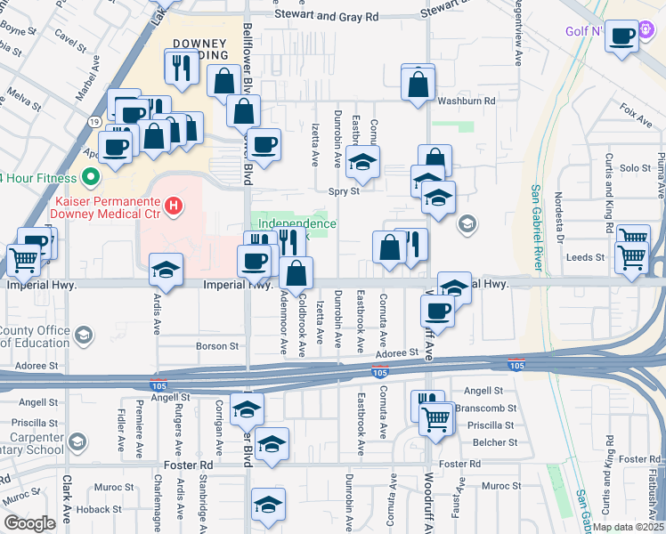 map of restaurants, bars, coffee shops, grocery stores, and more near 9637 Imperial Highway in Downey