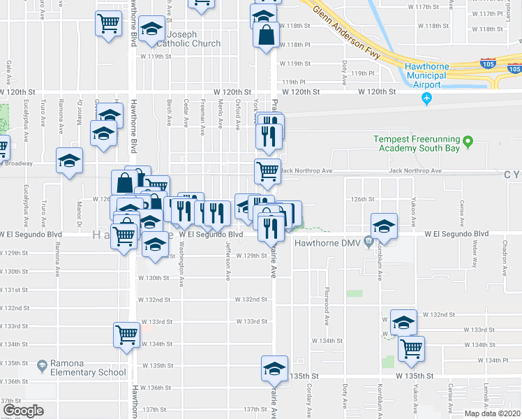 map of restaurants, bars, coffee shops, grocery stores, and more near 12611 Prairie Avenue in Hawthorne