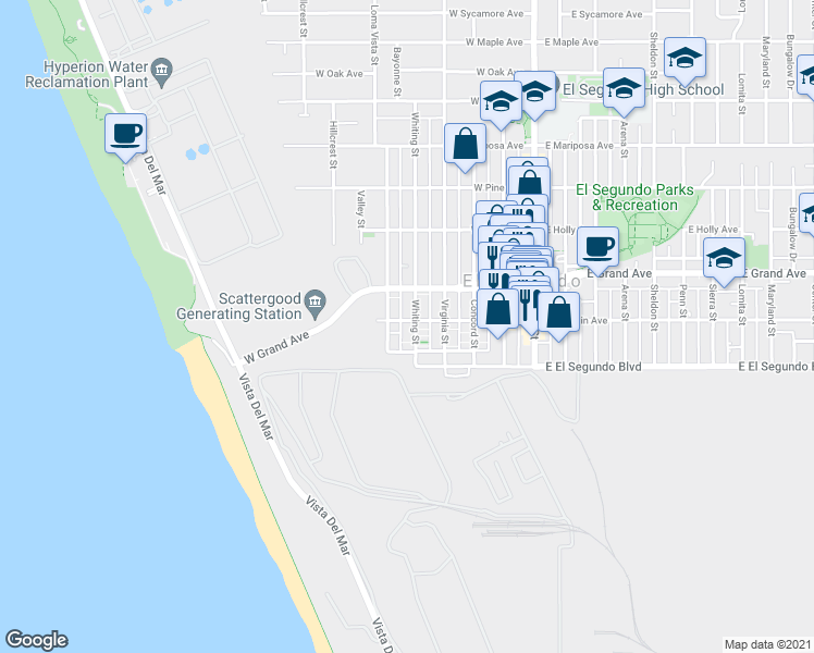 map of restaurants, bars, coffee shops, grocery stores, and more near 202 Whiting Street in El Segundo