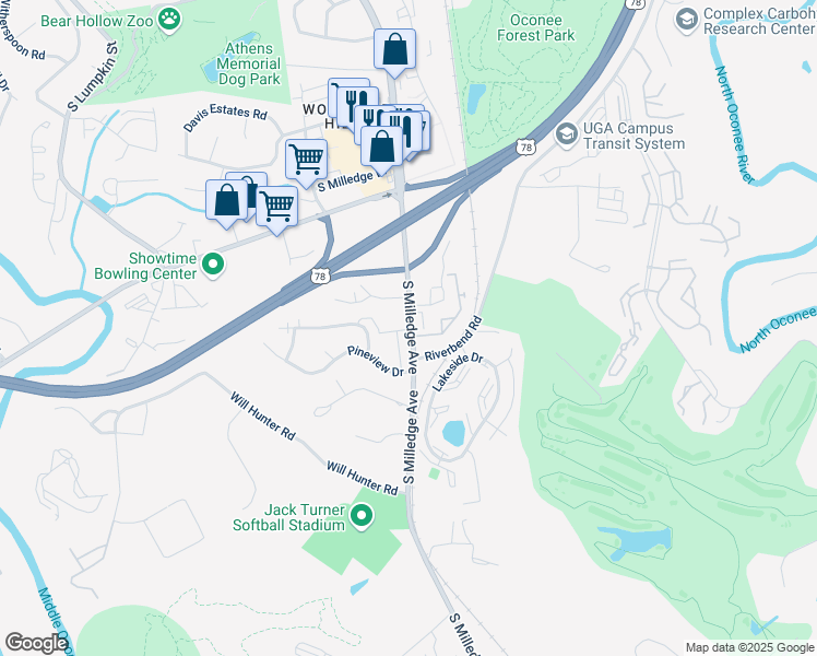 map of restaurants, bars, coffee shops, grocery stores, and more near 2157 South Milledge Avenue in Athens