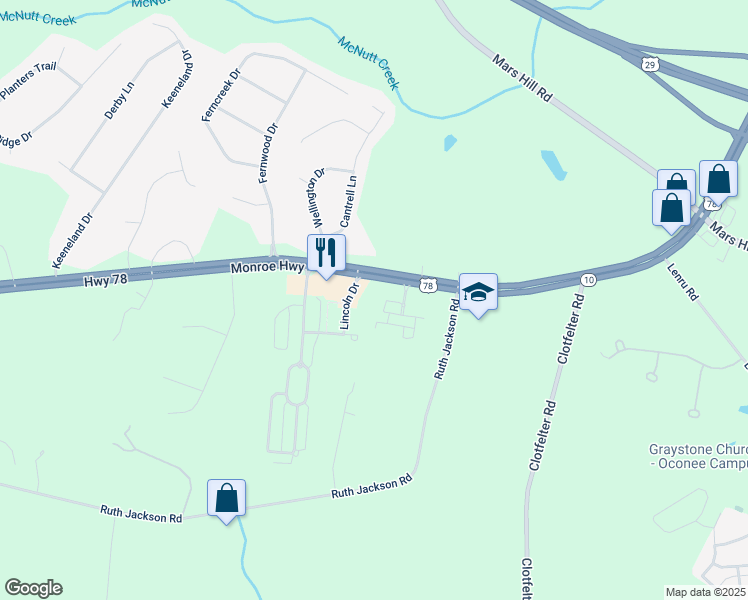 map of restaurants, bars, coffee shops, grocery stores, and more near 2891 Monroe Highway in Watkinsville