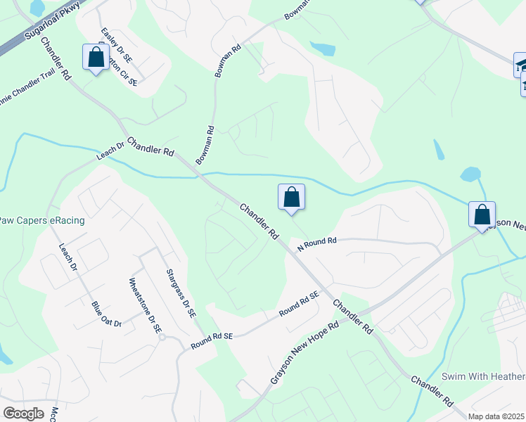 map of restaurants, bars, coffee shops, grocery stores, and more near 1660 Chandler Road in Lawrenceville