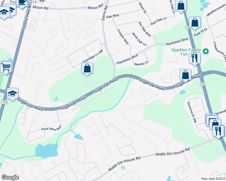 map of restaurants, bars, coffee shops, grocery stores, and more near 1410 Aura Trail in Lawrenceville