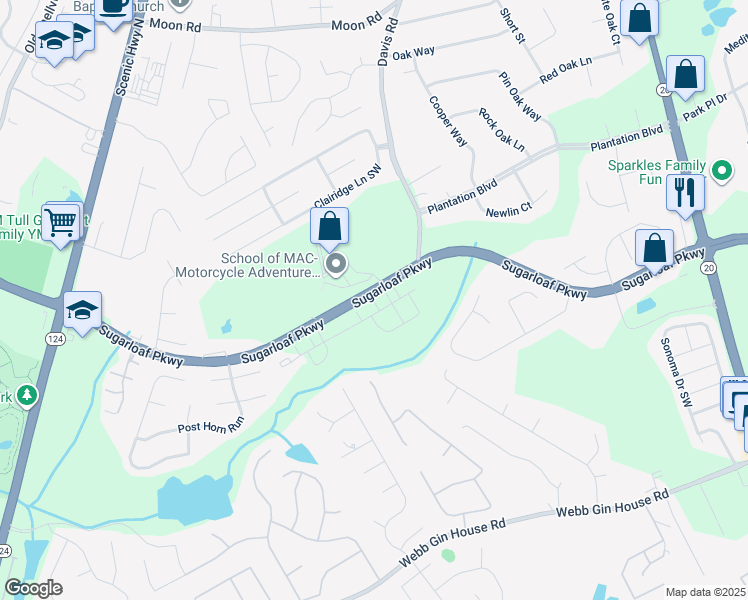map of restaurants, bars, coffee shops, grocery stores, and more near 2396 Sugarloaf Parkway in Lawrenceville