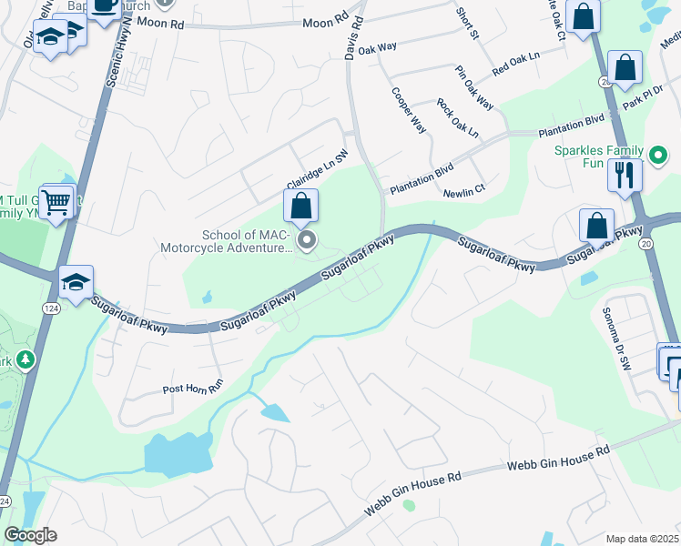 map of restaurants, bars, coffee shops, grocery stores, and more near 2396 Sugarloaf Parkway in Lawrenceville