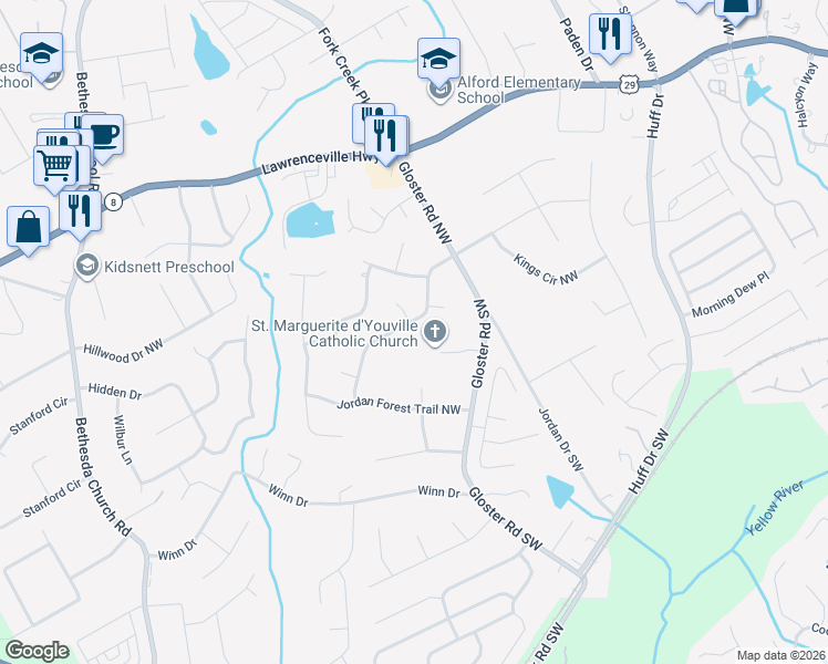 map of restaurants, bars, coffee shops, grocery stores, and more near 2788 Rosemont Drive Northwest in Lawrenceville