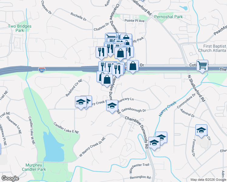map of restaurants, bars, coffee shops, grocery stores, and more near 4303 Kingston Gate Cove in Chamblee