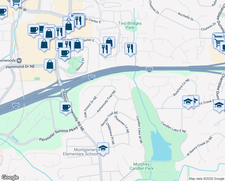 map of restaurants, bars, coffee shops, grocery stores, and more near 4252 Ashwoody Trail Northeast in Atlanta