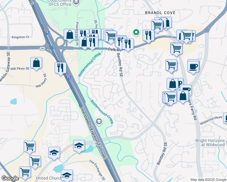 map of restaurants, bars, coffee shops, grocery stores, and more near 2650 Moss Lane in Marietta