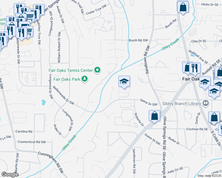 map of restaurants, bars, coffee shops, grocery stores, and more near 1456 Bellemeade Farms Road Southwest in Marietta
