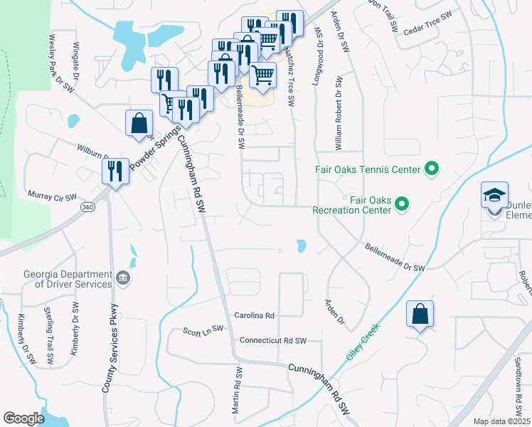 map of restaurants, bars, coffee shops, grocery stores, and more near 1339 Old Coach Road Southwest in Marietta