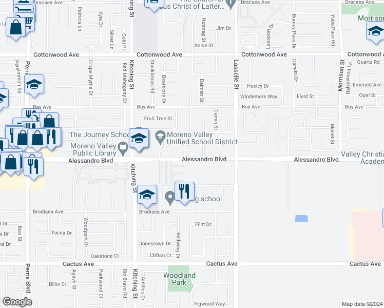 map of restaurants, bars, coffee shops, grocery stores, and more near 13968 Chara Street in Moreno Valley