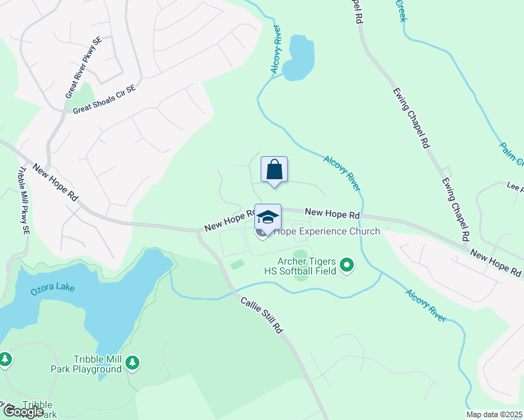 map of restaurants, bars, coffee shops, grocery stores, and more near 2255 New Hope Road in Lawrenceville