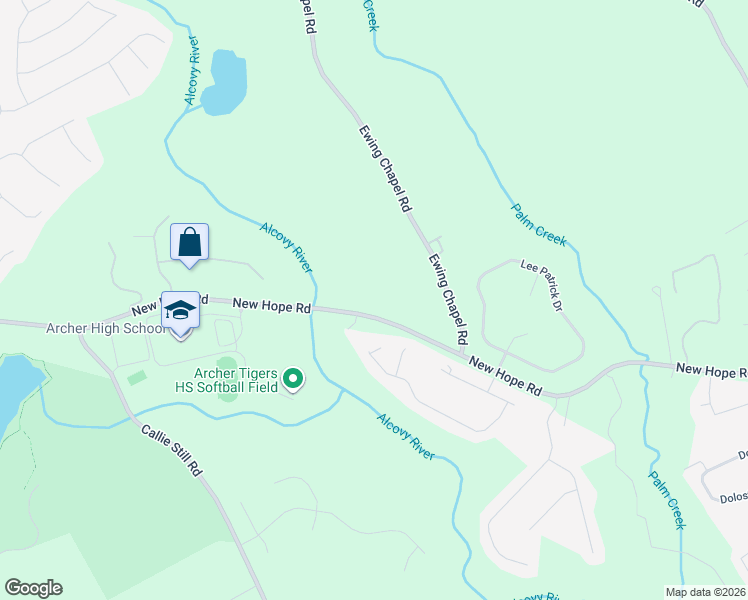 map of restaurants, bars, coffee shops, grocery stores, and more near 2410 New Hope Road in Dacula