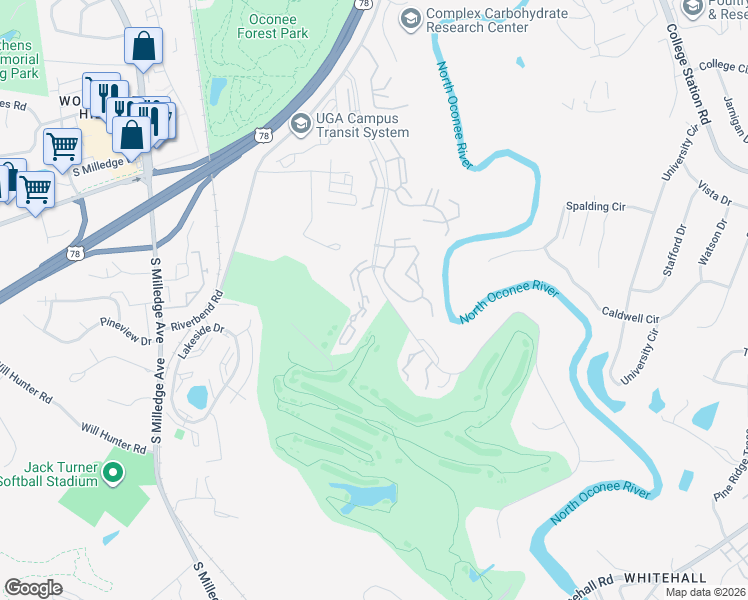 map of restaurants, bars, coffee shops, grocery stores, and more near 165 Woodstone Drive in Athens