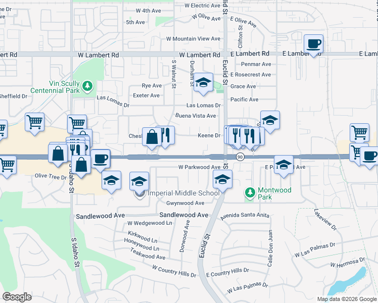 map of restaurants, bars, coffee shops, grocery stores, and more near 409 Imperial Highway in La Habra