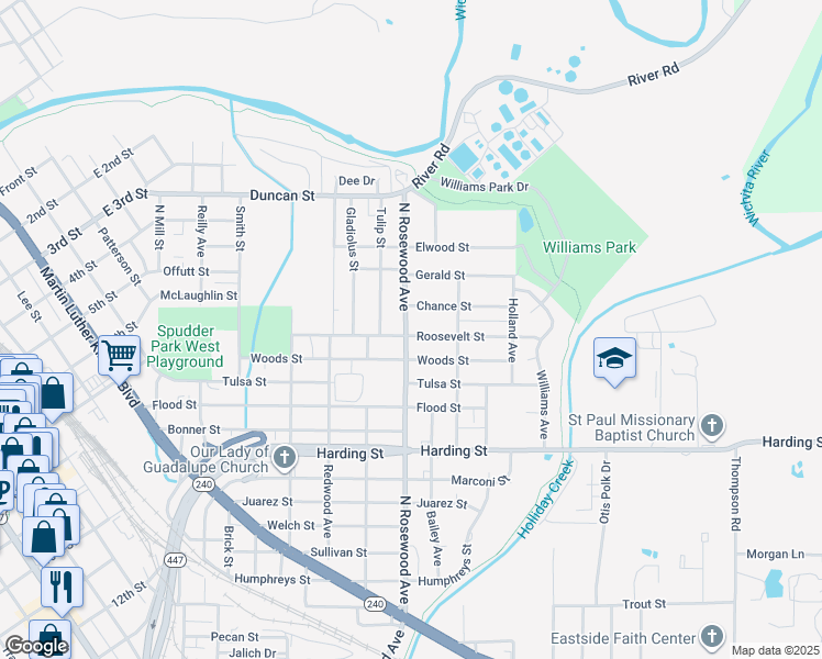 map of restaurants, bars, coffee shops, grocery stores, and more near 1206 North Rosewood Avenue in Wichita Falls