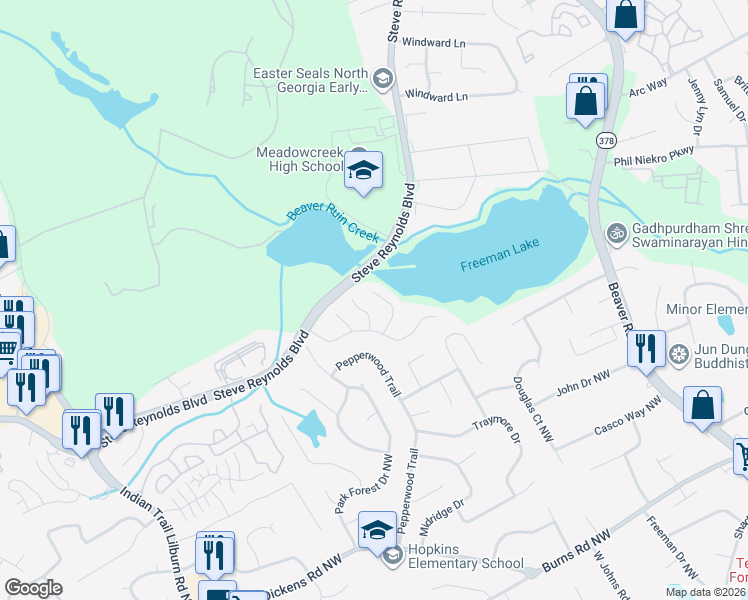 map of restaurants, bars, coffee shops, grocery stores, and more near 4595 Freeman Lake Court in Norcross