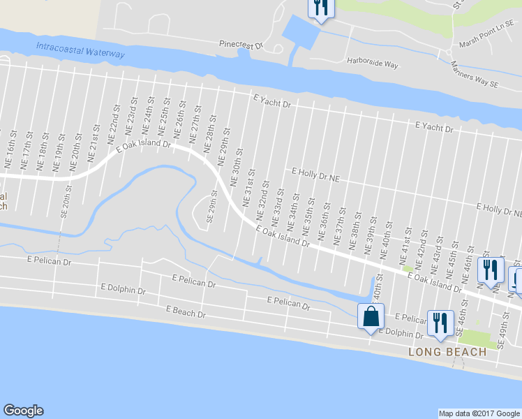 map of restaurants, bars, coffee shops, grocery stores, and more near 108 Northeast 32nd Street in Oak Island