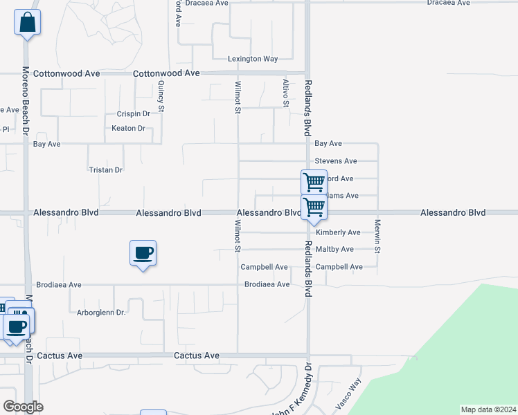 map of restaurants, bars, coffee shops, grocery stores, and more near 28820 Alessandro Boulevard in Moreno Valley