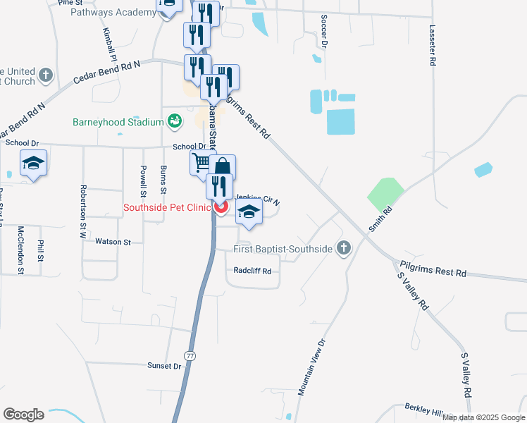 map of restaurants, bars, coffee shops, grocery stores, and more near 3181 Jenkins Circle North in Gadsden