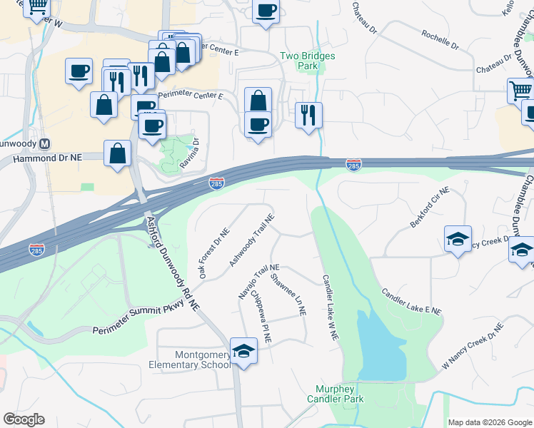 map of restaurants, bars, coffee shops, grocery stores, and more near 4252 Ashwoody Trail Northeast in Atlanta