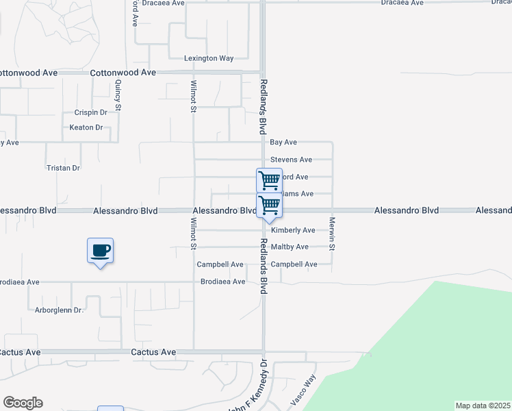 map of restaurants, bars, coffee shops, grocery stores, and more near 28976 Alessandro Boulevard in Moreno Valley