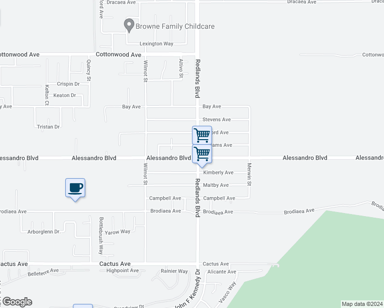 map of restaurants, bars, coffee shops, grocery stores, and more near 28976 Alessandro Boulevard in Moreno Valley