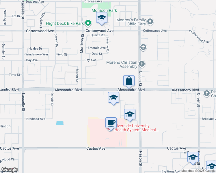 map of restaurants, bars, coffee shops, grocery stores, and more near 26755 Alessandro Boulevard in Moreno Valley