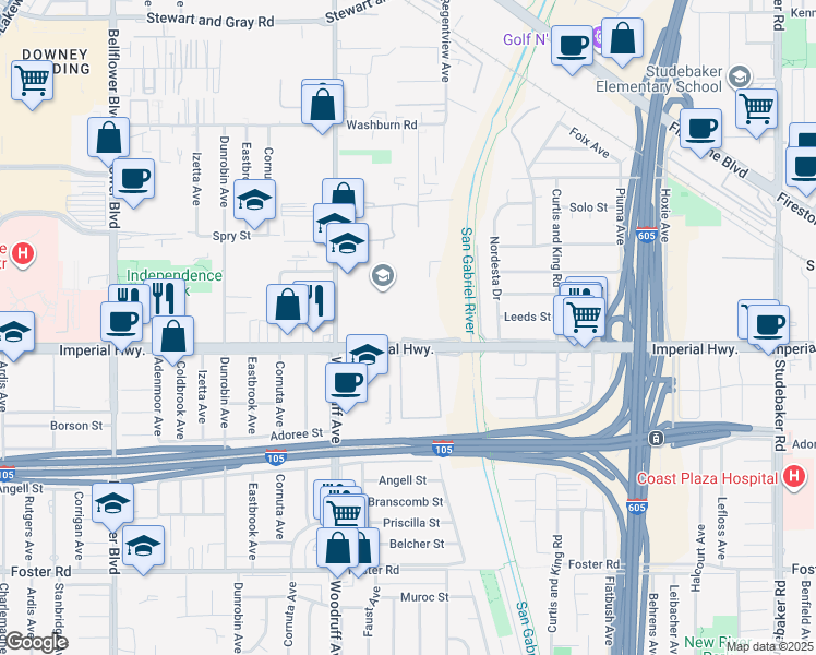 map of restaurants, bars, coffee shops, grocery stores, and more near 9999 Imperial Highway in Downey