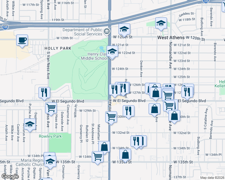 map of restaurants, bars, coffee shops, grocery stores, and more near 12650 South Western Avenue in Los Angeles