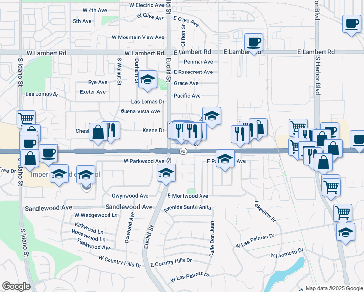 map of restaurants, bars, coffee shops, grocery stores, and more near 151 East Imperial Highway in La Habra