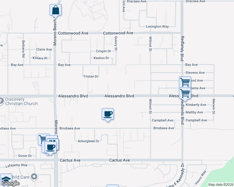 map of restaurants, bars, coffee shops, grocery stores, and more near 28472 Alessandro Boulevard in Moreno Valley