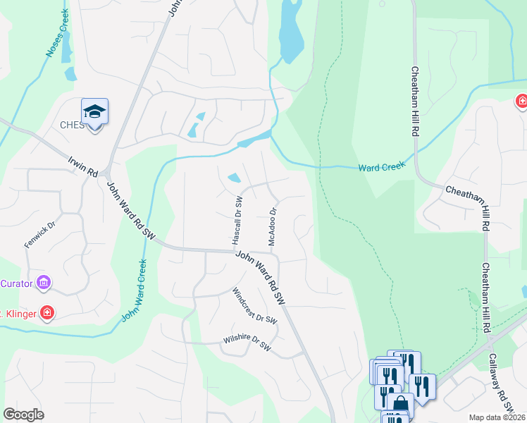 map of restaurants, bars, coffee shops, grocery stores, and more near 1511 McAdoo Drive in Marietta
