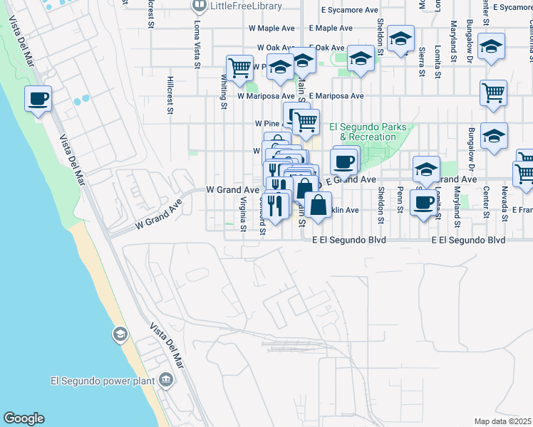 map of restaurants, bars, coffee shops, grocery stores, and more near 224 West Franklin Avenue in El Segundo