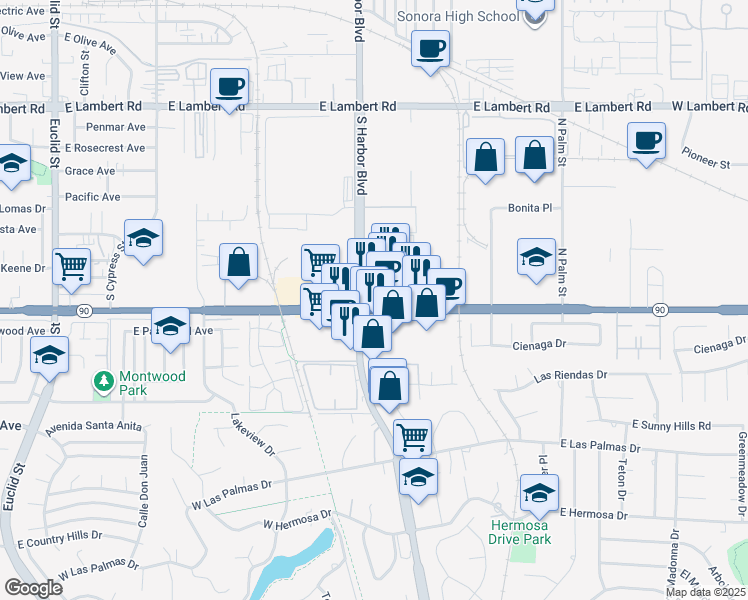 map of restaurants, bars, coffee shops, grocery stores, and more near 3 Imperial Highway in La Habra