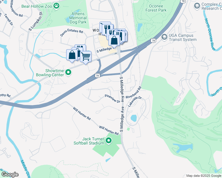map of restaurants, bars, coffee shops, grocery stores, and more near 106 South Hampton Pointe in Athens