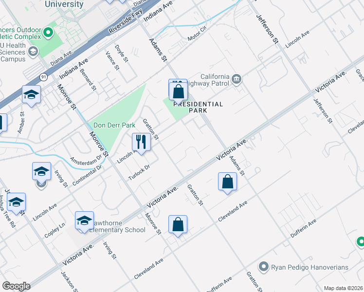 map of restaurants, bars, coffee shops, grocery stores, and more near 8438 Williamsburg Place in Riverside