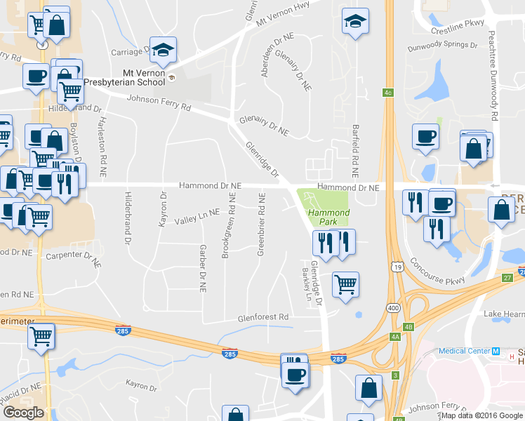 map of restaurants, bars, coffee shops, grocery stores, and more near 5965 Greenbrier Road Northeast in Atlanta