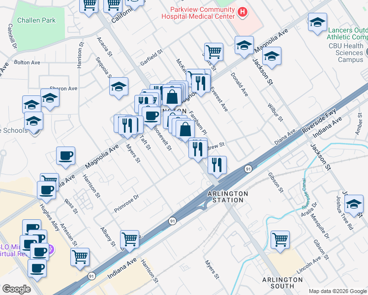 map of restaurants, bars, coffee shops, grocery stores, and more near 3652 Van Buren Boulevard in Riverside