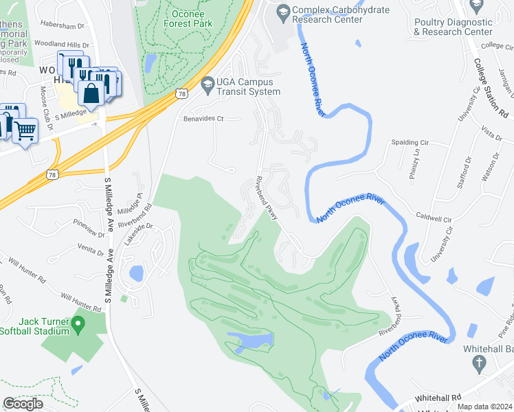 map of restaurants, bars, coffee shops, grocery stores, and more near 163 Woodstone Drive in Athens