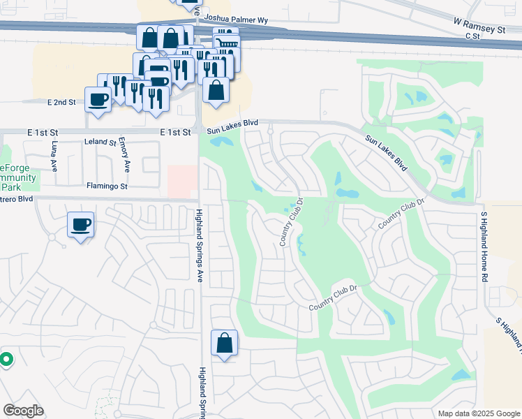 map of restaurants, bars, coffee shops, grocery stores, and more near 6177 Pebble Beach Drive in Banning
