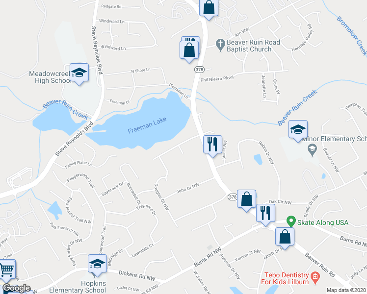 map of restaurants, bars, coffee shops, grocery stores, and more near 4416 Arcadia Drive Northwest in Norcross